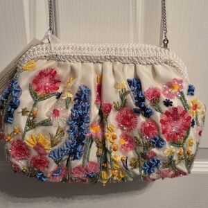 Beaded Floral And Tulle Embroidered Crossbody Clutch Bag